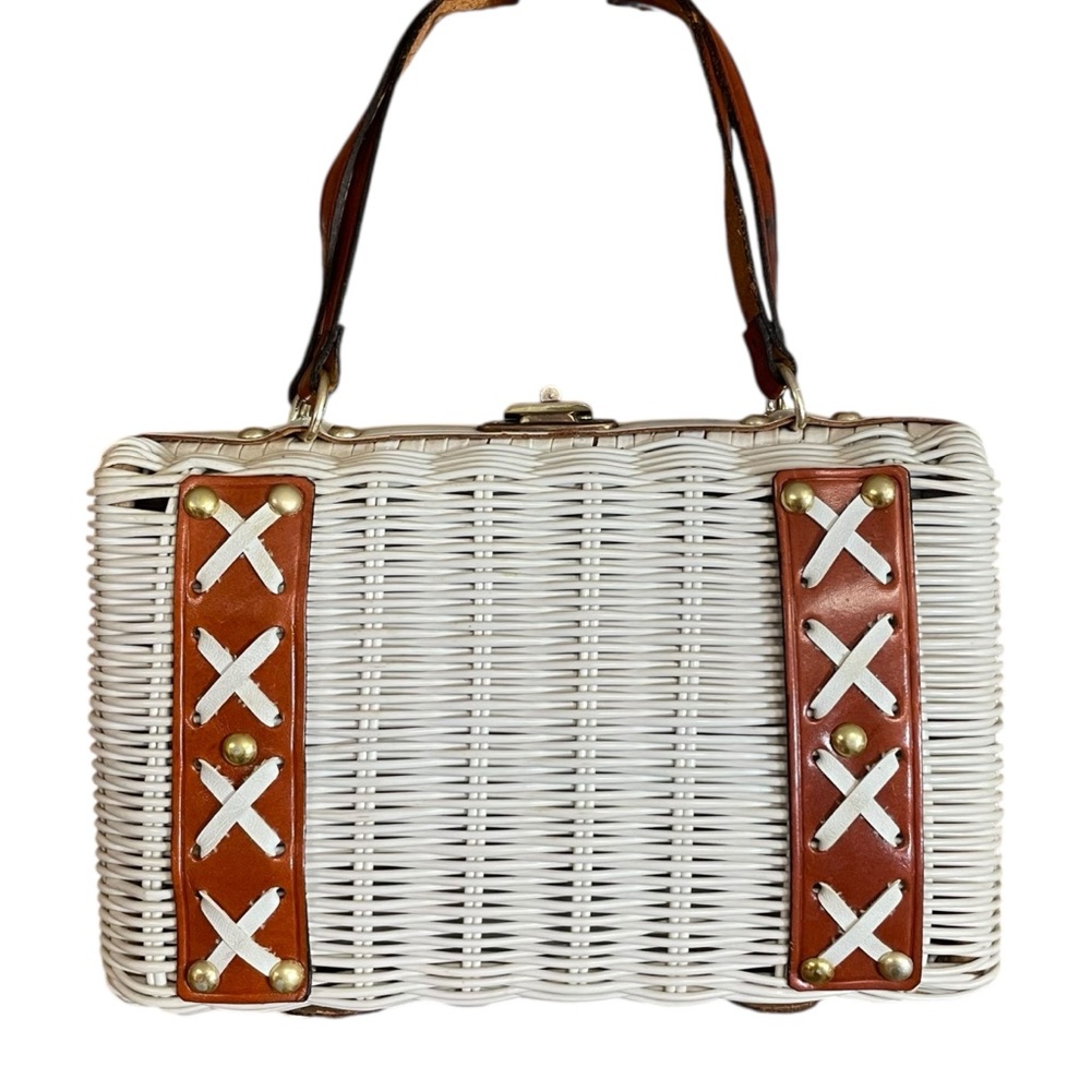 Vintage white wicker handbag, purse with leather handles and trim